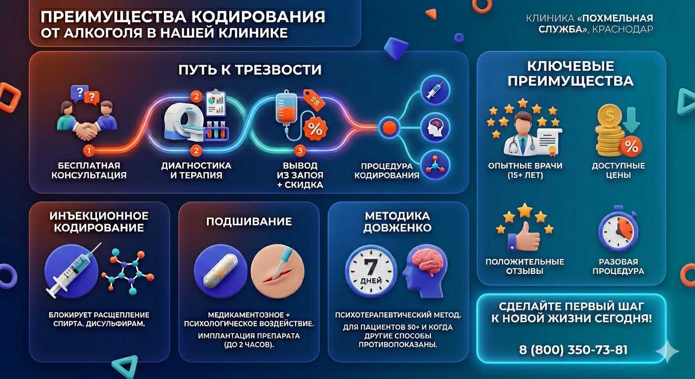 Инфографика о методах кодирования от алкоголя в Гиагинской: инъекции, подшивание, метод Довженко. Преимущества клиники и этапы лечения.