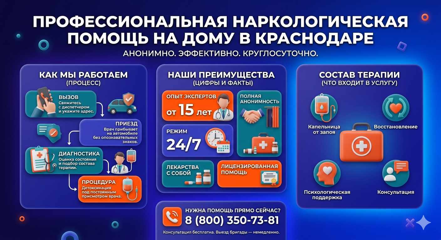 Инфографика о принципах лечения алкоголизма на дому в Гиагинской: этапы вызова нарколога, преимущества анонимной детоксикации и состав медицинской помощи.
